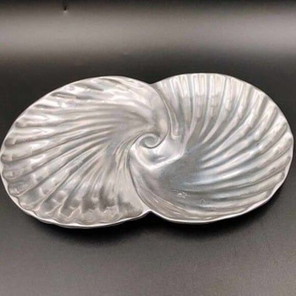 VTG Double Seashell Tray Dish Ocean Beach Hollywood Regency Mexico Pewter Silver - Picture 2 of 10